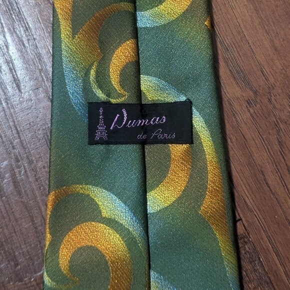 Vintage Pierre Dumas Green & Gold Swirl Print Necktie Retro Statement Accessory - Picture 4 of 5
